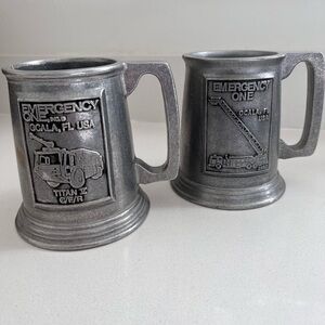Pair Vintage Emergency One Crash Fire Rescue Firetrucks Pewter Mugs 1980s